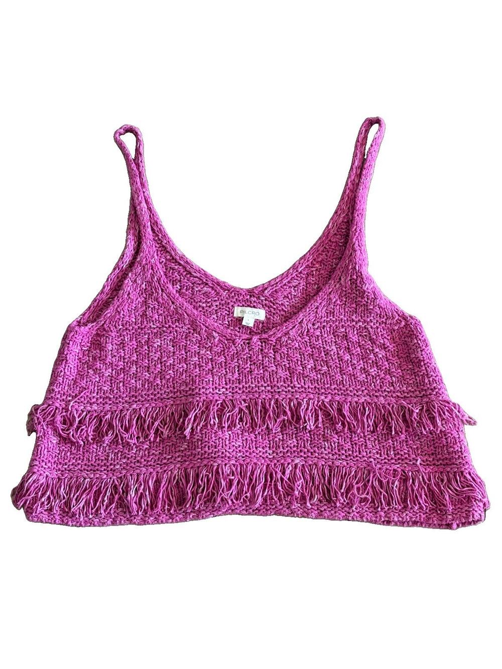 Pilcro Anthropologie Magenta Cropped Knit Fringe Sweater Tank Top Sz Large